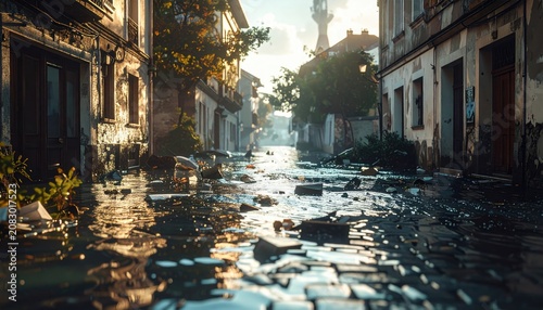 Submerged Cobblestone Street in an Old European City After a Flood