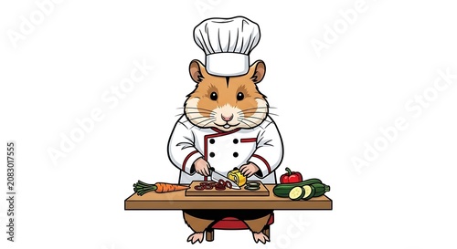 Cartoon chef with holiday cookies and gingerbread house.