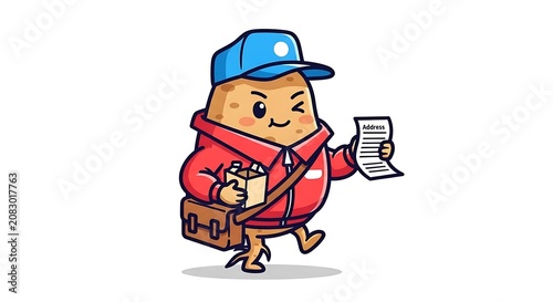 Cartoon construction worker with hard hat and toolbox.