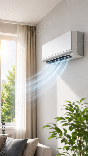 Modern wall-mounted air conditioner blowing cool blue airflow in bright living room with sunlit window, beige curtains and green plant, clean commercial HVAC stock image.