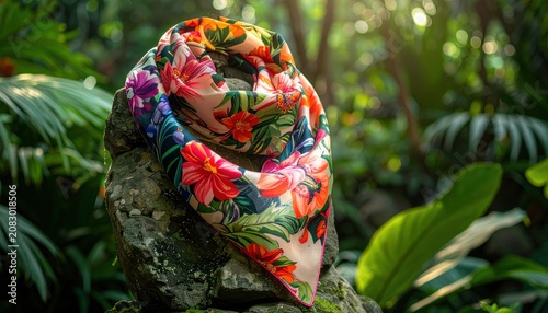 Vibrant Floral Silk Scarf with Lush Tropical Pattern Resting on Textured Rock Outdoors