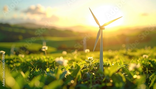 Wind turbine harvesting clean energy at sunset in a lush green field
