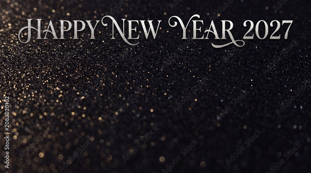 Fototapeta premium Happy New Year 2027 greeting card. Elegant black glitter background with festive typography.