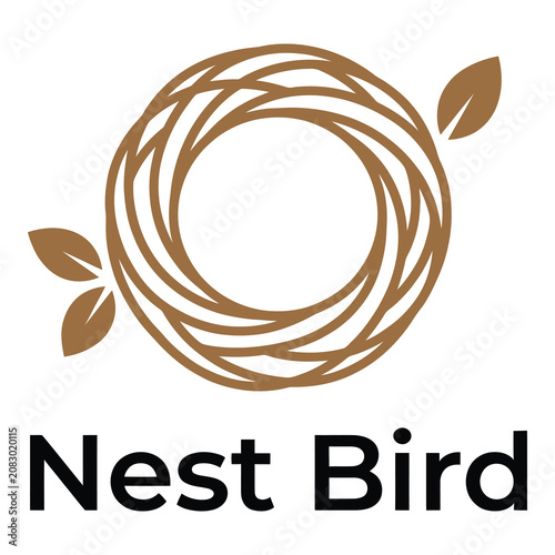 Brown bird nest logo with leaves and text on white background icon