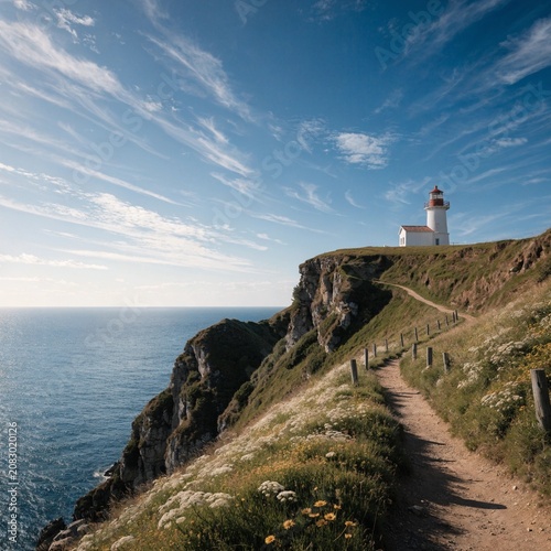 A coastal trail winds along wildflower cliffs toward a white lighthouse above the ocean, ideal for travel guides, outdoor tourism, and seaside inspiration.