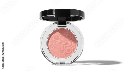 An open compact of peach pink blush in a clear case with a black lid on a white background suits beauty advertising, ecommerce, and makeup packaging promotions.