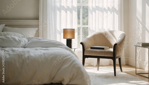 A sunlit neutral bedroom with white bedding, sheer curtains, lamp, armchair, and book creates a calm setting for interior design, hospitality, or real estate.
