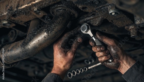 Greasy hands use a ratchet wrench beneath a vehicle chassis, useful for auto repair services, mechanic training, and garage maintenance advertising.