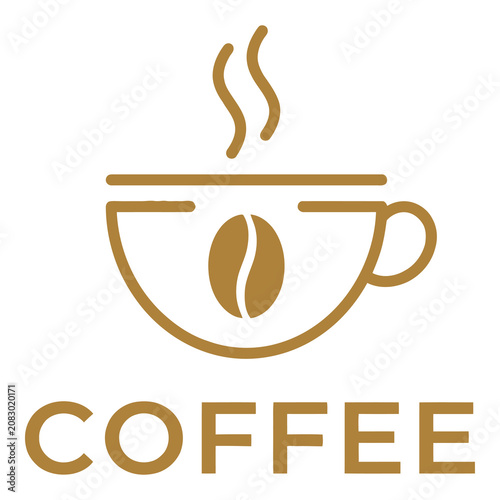 Brown coffee cup with steam and bean icon and text  coffee symbol icon
