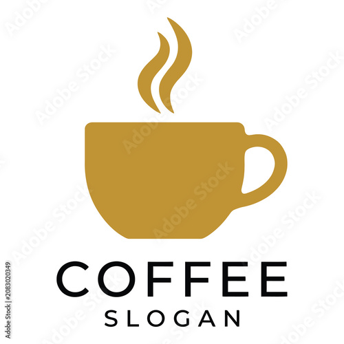 Brown coffee cup with steam rising and coffee slogan graphic design element icon