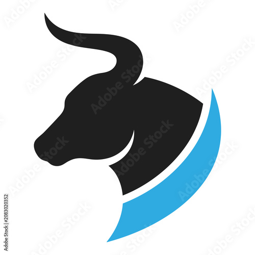 Bull head silhouette with blue and white curved design element icon