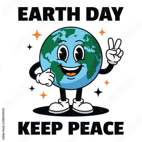 Cartoon globe character with peace sign on Earth Day  environmental awareness illustration icon