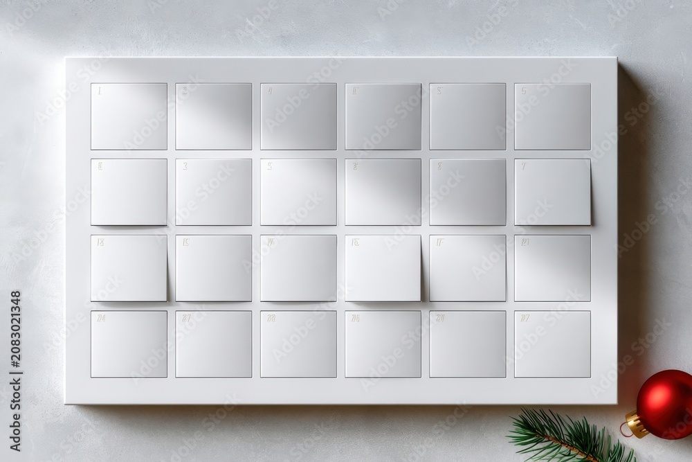Fototapeta premium Minimal white Christmas advent calendar mockup on wall with ornament and pine branch