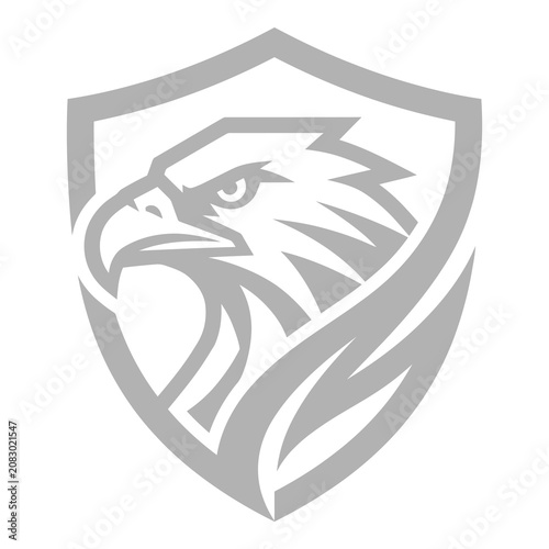 Gray eagle head shield logo with sharp beak and feathers icon