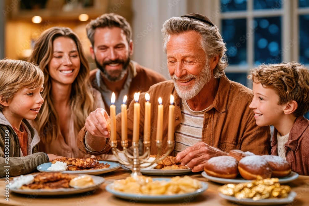 Fototapeta premium Family lighting a menorah together at a warm Hanukkah dinner with smiling grandparents and children