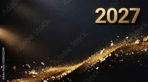 Happy New Year 2027 gold text. Luxury celebration background with glowing glitter particles.