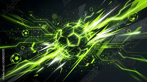 High-speed futuristic soccer ball with bright green energy streaks, symbolizing explosive action, sports technology, motion, competition, gaming, power, and innovation.