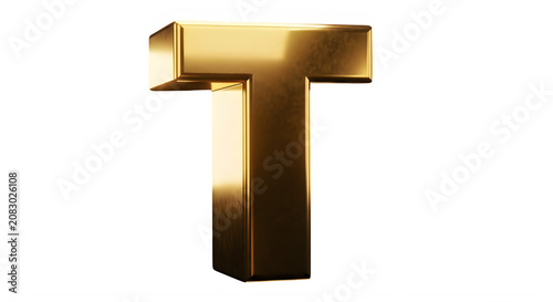 Golden 3D letter T with shiny metallic surface on white transparent background