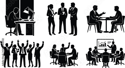 Business Meeting and Corporate Teamwork Silhouette Icons Set