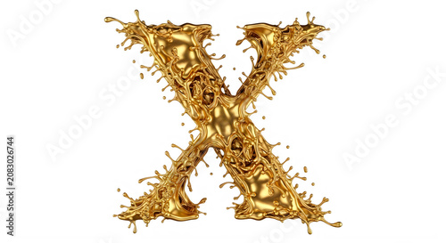Golden liquid splashing forming the letter X on white background transparent background
