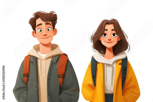 Friendly teenage boy and girl students wearing backpacks