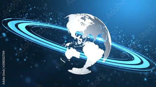 A glowing digital globe connected by bright network lines represents worldwide communication, technology, globalization, connectivity, innovation, and secure information exchange.