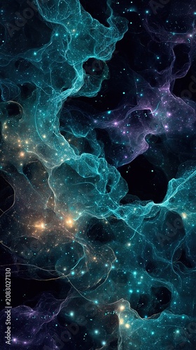 Vibrant teal and purple cosmic nebula in deep space with stars