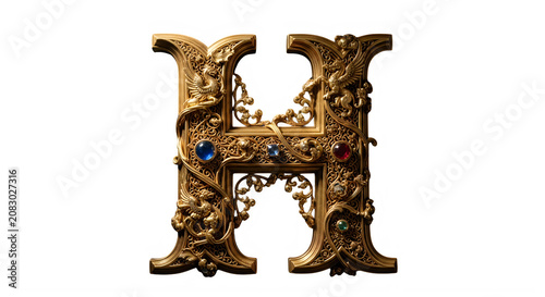 Ornate gold capital letter H with gemstones and floral details transparent background