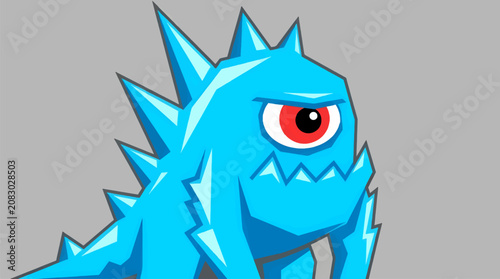 Flat Vector Illustration of a Jagged Bright Blue Monster with Sharp Spikes on its Back and a Single Red Eye, Facing Left on a Solid Gray Background