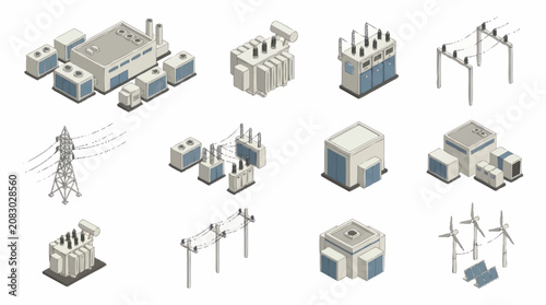 Obraz na płótnie Isometric illustration of power plants and electrical infrastructure
