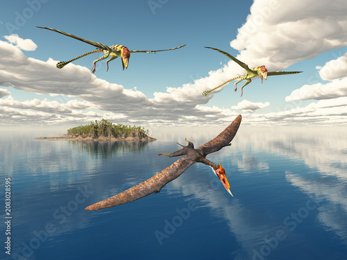 Flugsaurier Dsungaripterus und Peteinosaurus über einer Ozeanlandschaft