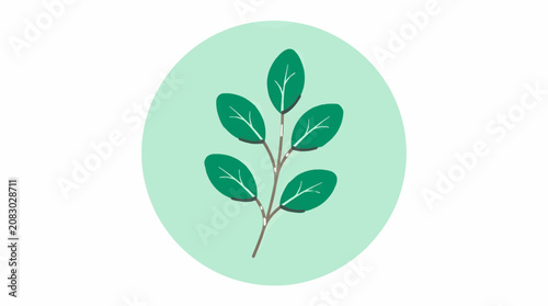 Flat Vector Illustration of a Minimalist Sprig with Five Green Leaves on a Thin Stem, Set Against a Soft Teal Circle Background, Simple Graphic Design Element