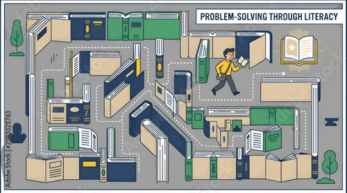 Flat Vector Illustration of a Man Navigating a Maze of Books, Symbolizing Problem-Solving Through Literacy, with Trees and a Title Banner