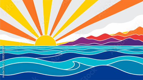 Flat Vector Illustration of a Panoramic Sunrise Over Stylized Ocean Waves and Layered Mountains, Bright Yellow Sunburst and Colorful Landscape, Graphic Design