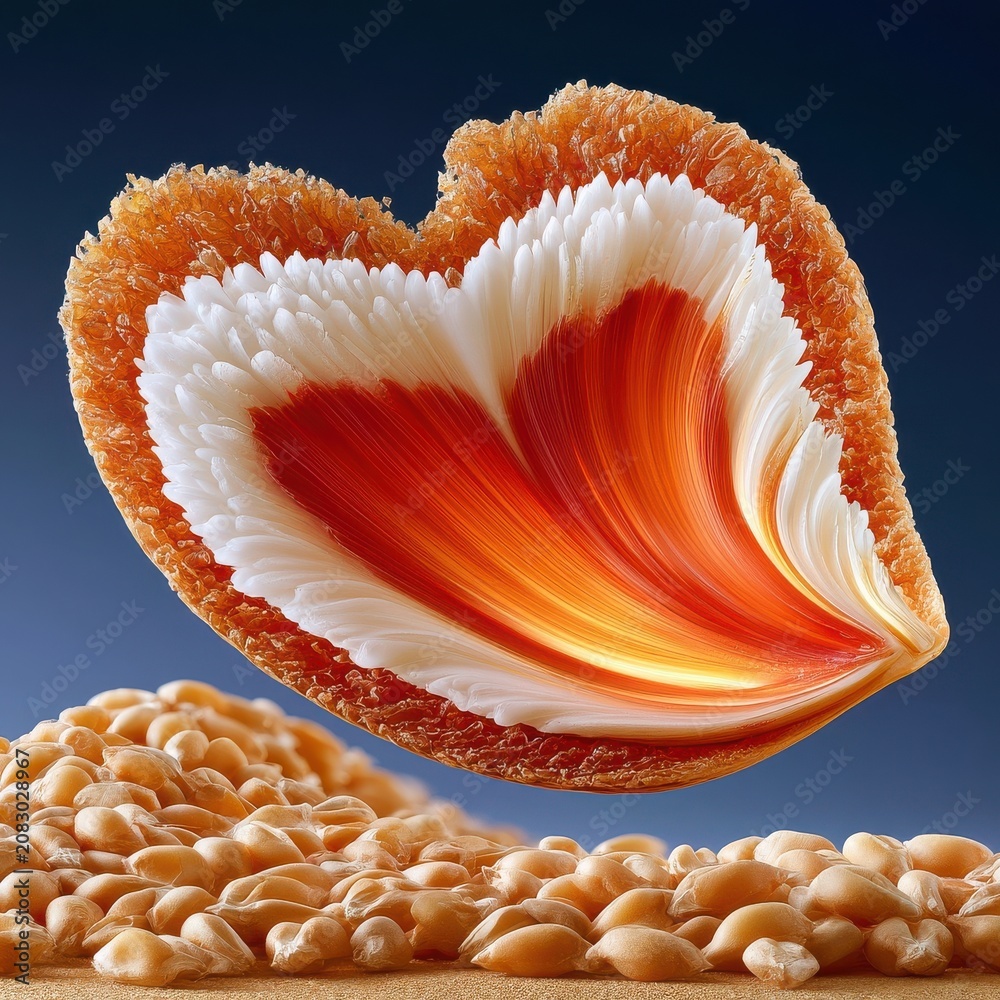 Fototapeta premium Wheat grain macro cross-section shaped like a heart revealing textured golden kernel and white layers
