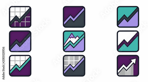 Flat Vector Icons of Business Growth Graphs with Upward Trajectory, Featuring Purple, Teal, and Gray Color Palettes, Grid Backgrounds, and Mountain Peaks