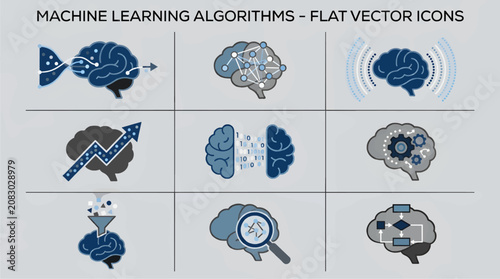 Flat Vector Icons Illustrating Machine Learning Concepts: Brains with Data Flow, Neural Networks, Binary Code, Gears, Search, and Flowcharts