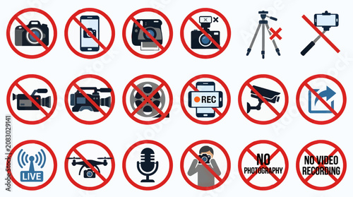 Flat Vector Icons Set Prohibiting Photography, Video Recording, Drones, and Live Streaming, with Symbols for Cameras, Phones, Tripods, and Microphones, on White Background