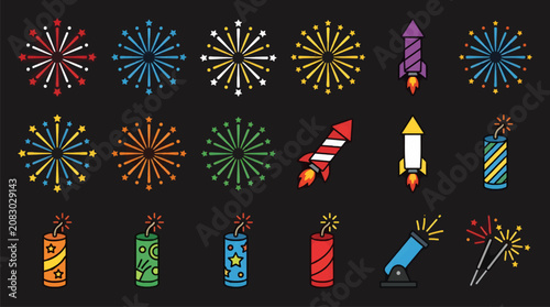 Flat Vector Illustration Collection of Stylized Fireworks Icons, Rockets, Firecrackers, and Cannon on Black Background, Festive Celebration Graphics
