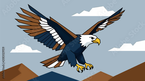 Flat Vector Illustration of a Bald Eagle in Flight Over Mountains, Stylized Geometric Design with Clouds and Blue Sky Background, American Symbolism