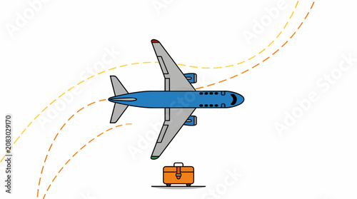 Flat Vector Illustration of a Blue Airplane Flying Over an Orange Suitcase, with Yellow and Orange Dashed Flight Paths on a White Background, Top View