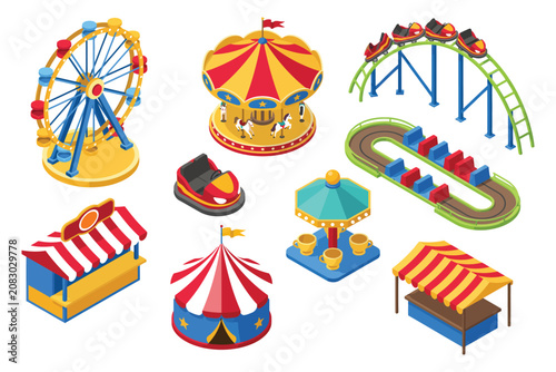 Canvastavla Isometric 3D amusement park icons ferris wheel roller coaster carousel carnival