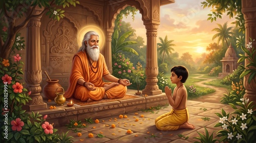Wise indian sage giving a spiritual blessing to a devoted young student in a traditional cultural guru purnima