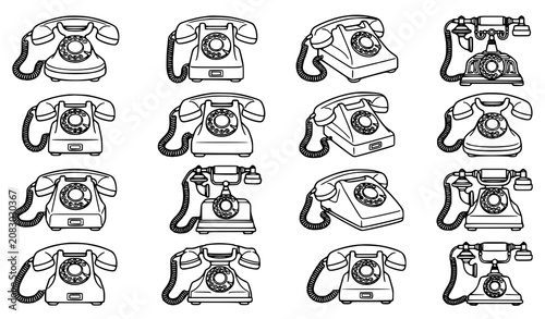 Fotografie Vintage Rotary Telephone Vector Set Black and White Retro Phone Collection