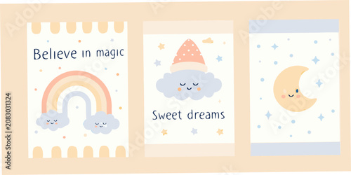 Foto Rainbow cloud and moon illustrations with pastel colors and text