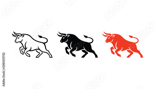 Fotografie Powerful bull icon set featuring three styles with outline black silhouette and