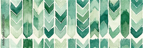 Green watercolor chevron seamless pattern forming vertical stripes. Green watercolor chevron shapes create a seamless abstract pattern