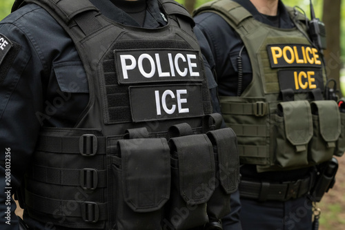 Close-up of a U.S. Border Patrol officer’s tactical vest with POLICE patch. Olive green law enforcement gear with MOLLE webbing, photographed outdoors in natural light, symbolizing security and author