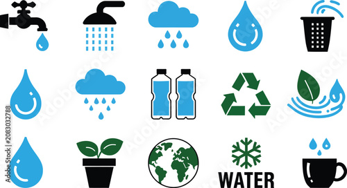 Konstfotografi Ecological icons set representing water conservation environmental sustainability