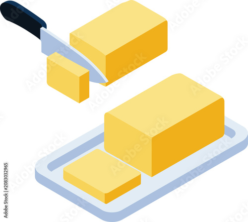 Obraz na plátne Isometric butter block on a tray with a knife slicing a piece.